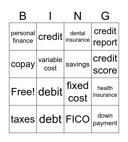 Personal Finance Bingo Card