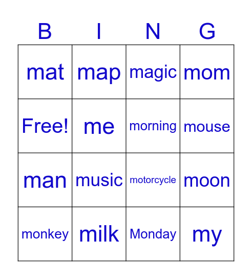 Words that Start with 'm' Bingo Card