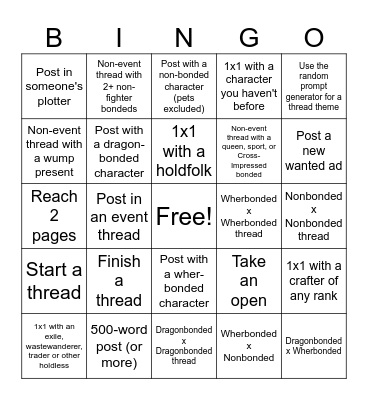 Actions Bingo Card
