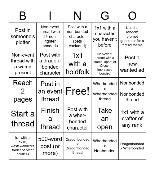Actions Bingo Card