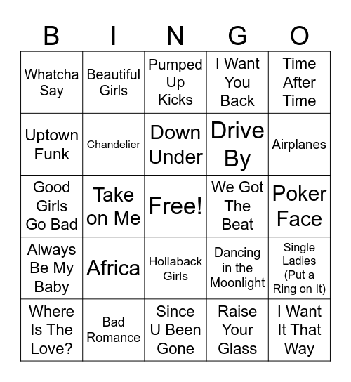 Pop Hits Bingo Card