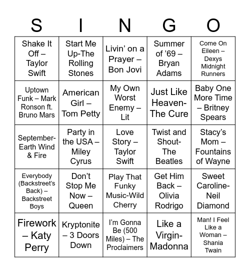 Used To Be's Bingo Card