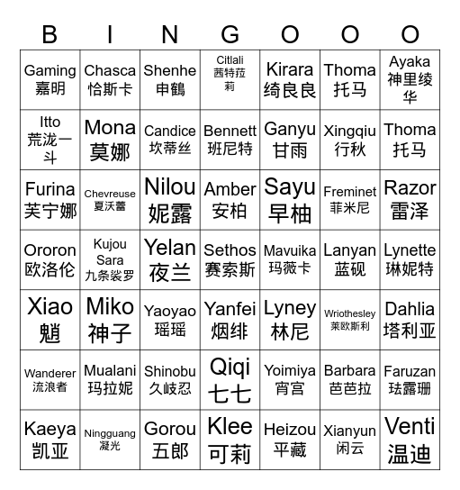 Genshin Bingo Card
