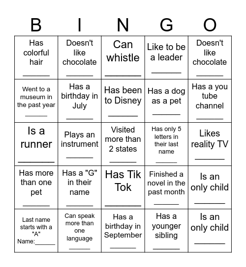 Middle School BINGO: Find someone who... Bingo Card