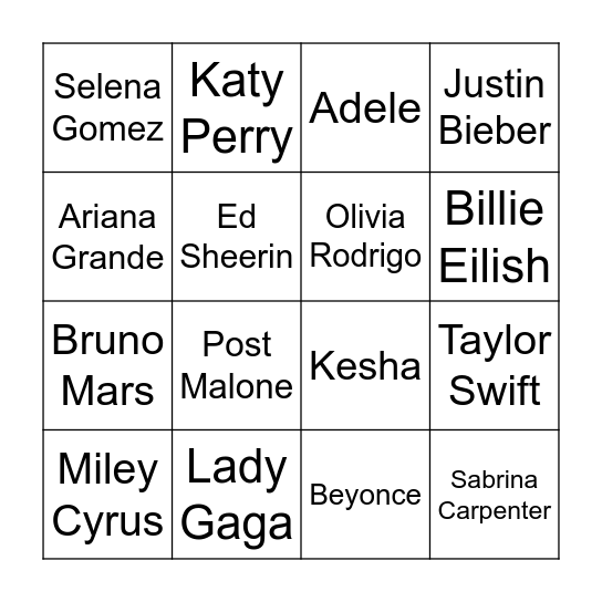 Music Bingo Card