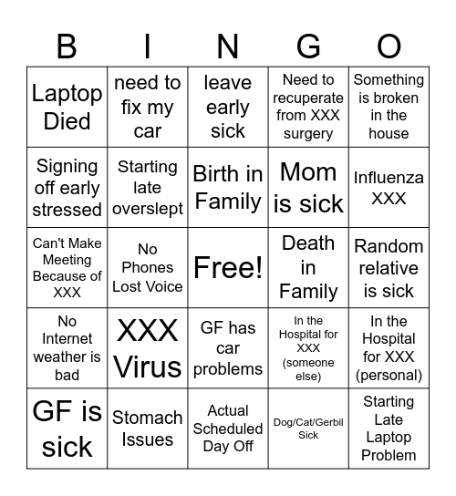 Work Excuses Bingo Card