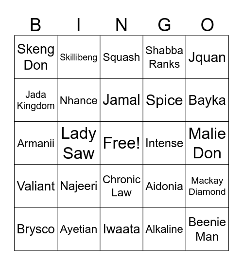 Dancehall Bingo Card