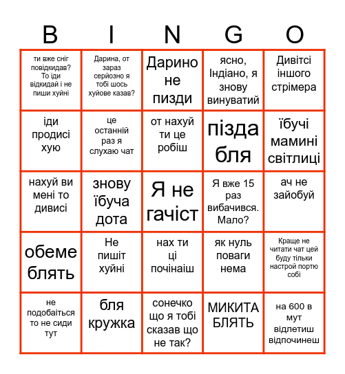 Банилівське Гачі Бінго Bingo Card