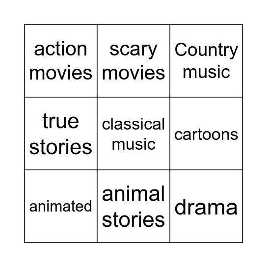 Music, movies and books Bingo Card