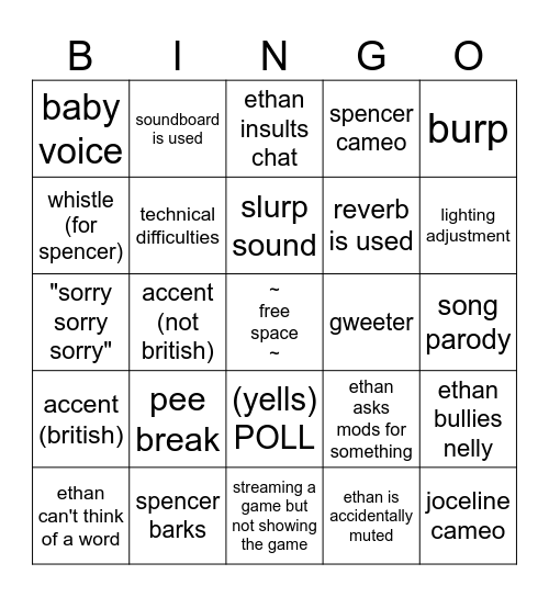 ethan stream bingo Card