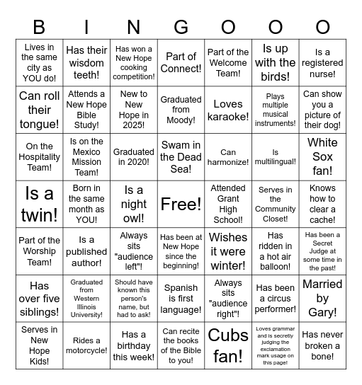 New Hope Bingo 2025! Bingo Card