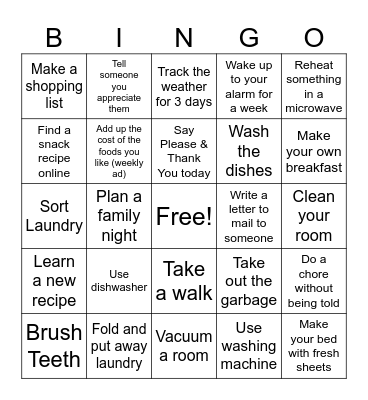 Life Skills Bingo Card