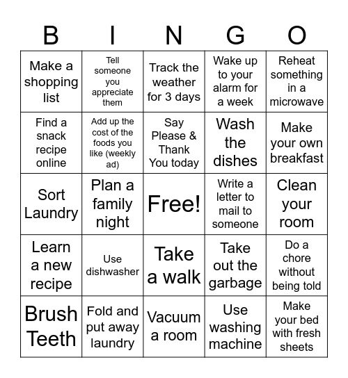 Life Skills Bingo Card