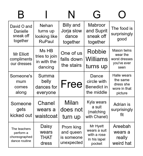 Prom Bingo Card