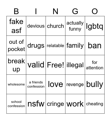 confessions Bingo Card