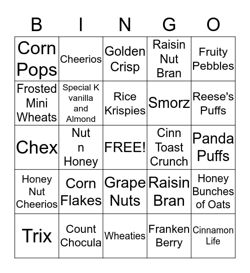 Breakfast Cereal Bingo Card