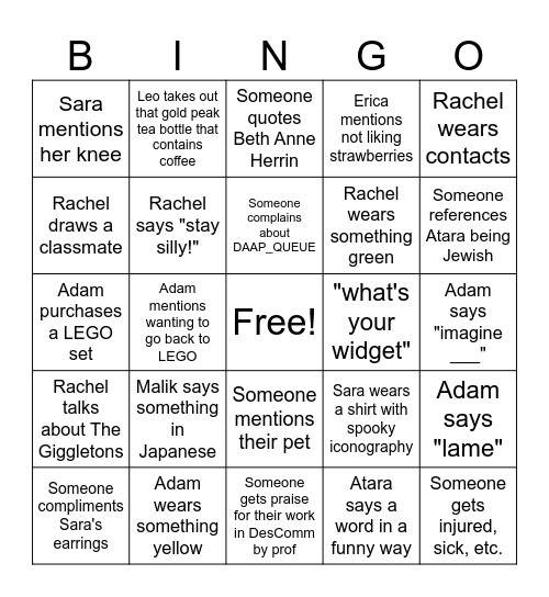 DAAP Bingo Card