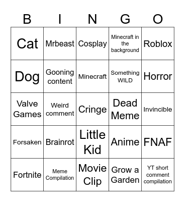 Youtube Shorts Bingo Card