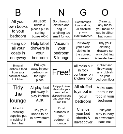 Kid Tidy Blitz Bingo Card