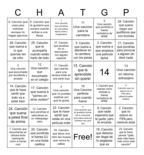 30 días, 30 canciones Bingo Card