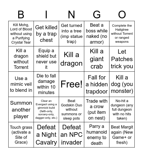 Elden ling Bingo Card