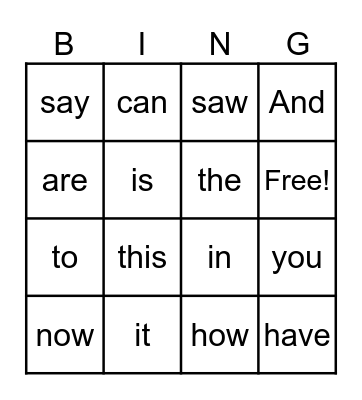 Sight Words Bingo Card