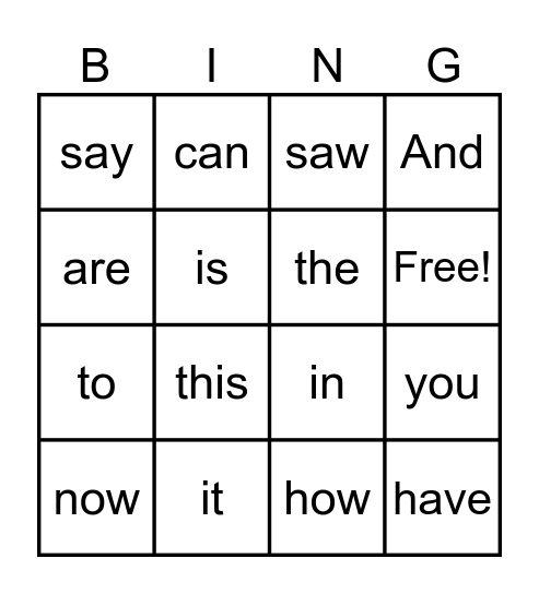 Sight Words Bingo Card