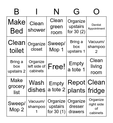 Cleaning Tasks Bingo Card