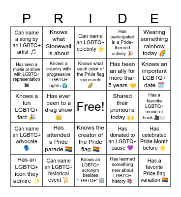 PRIDE Bingo Card