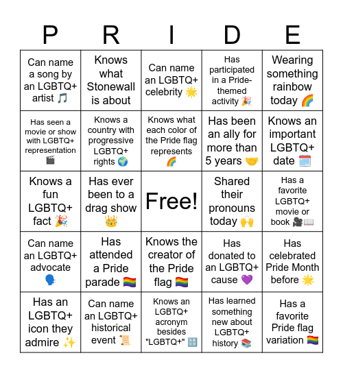 PRIDE Bingo Card