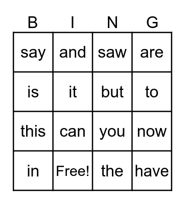 Sight words Bingo Card