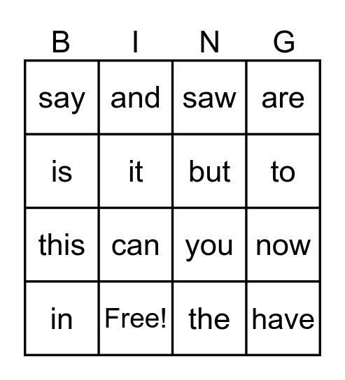 Sight words Bingo Card