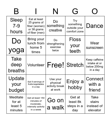 Healthy Habits - Week 1 Bingo Card