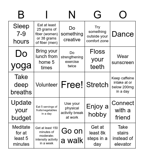 Healthy Habits - Week 1 Bingo Card