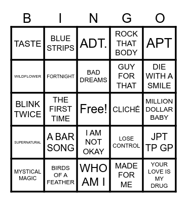Summer Music Bingo Card