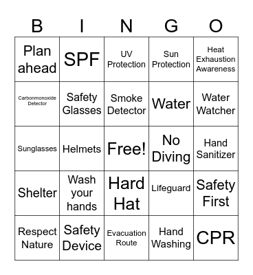 Summer Safety Bingo Card