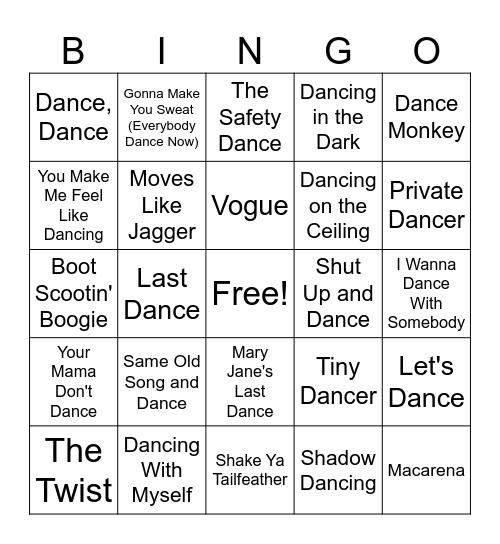 Let's Go Dancing Bingo Card