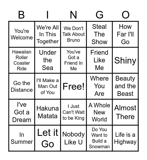 Disney Bingo Card