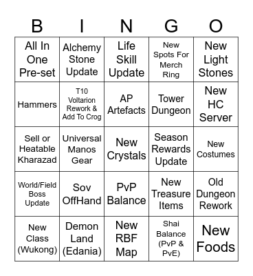 BDO Bingo Card