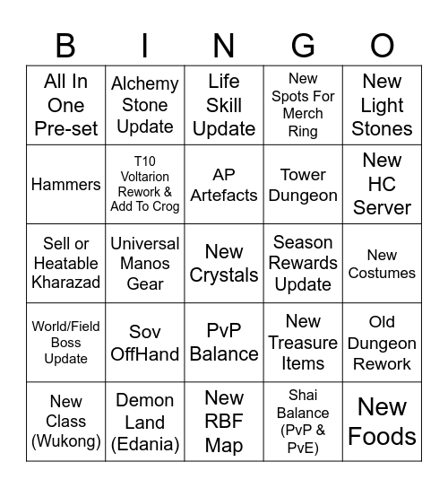 BDO Bingo Card