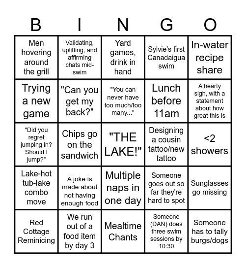Cottage Bingo Card