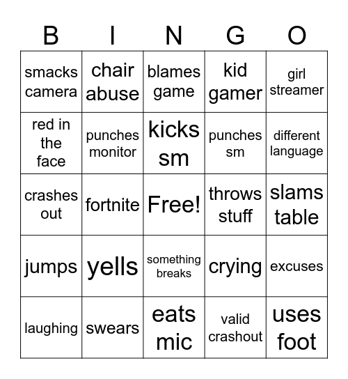 gamer rage bingo Card
