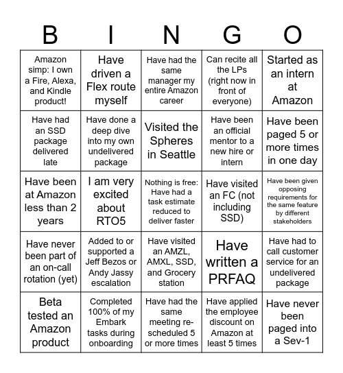 Amazon Delivery Engineering DOUBLE Bingo Card