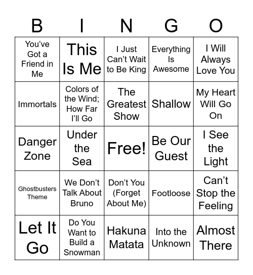 Disney + Movie Soundtrack Bingo Card