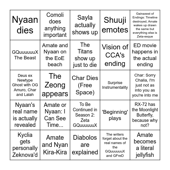 GQuuuuuuX Finale Predictions Bingo Card