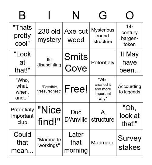 Oak Island Bingo Card