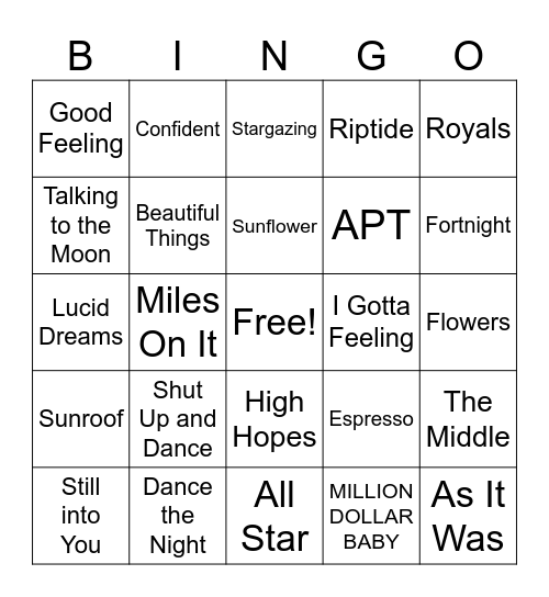Teen Music BINGO Card