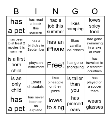 Get to Know You Bingo Card
