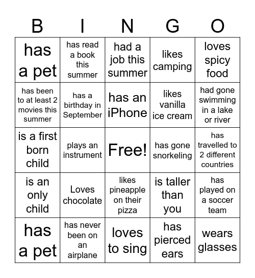 Get to Know You Bingo Card