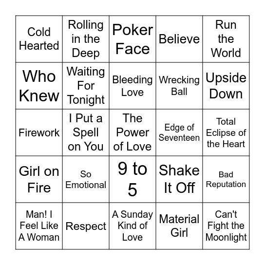 Power Divas-Song Title Bingo Card